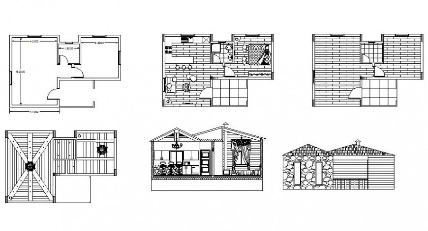 Beautiful small house elevation, section, plan and cover plan cad drawing details dwg file
