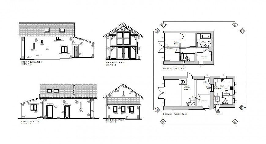Beautiful small house elevation, section and plan cad drawing details jpg file