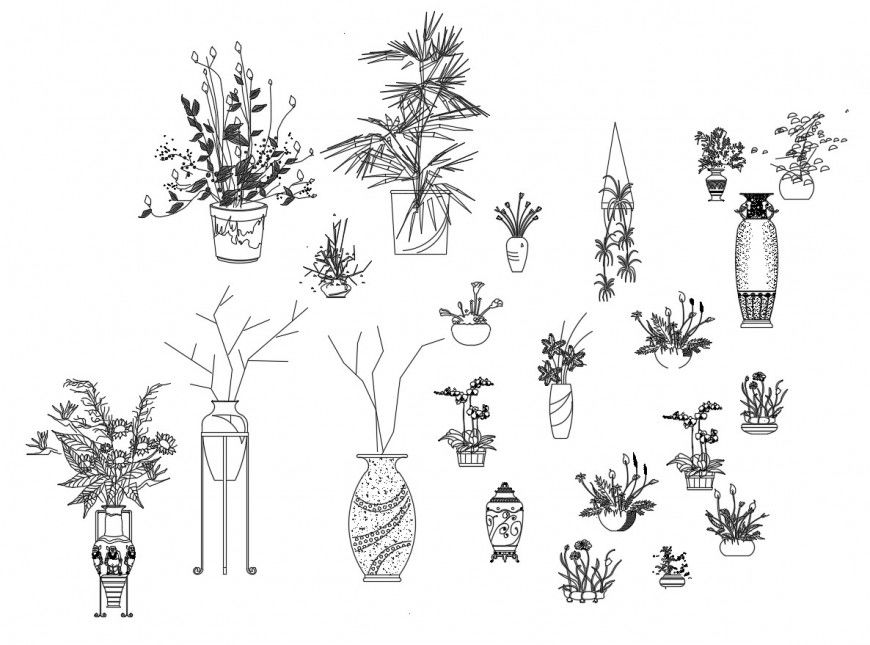 Beautiful tree plant elevation blocks with pots cad drawing details dwg file