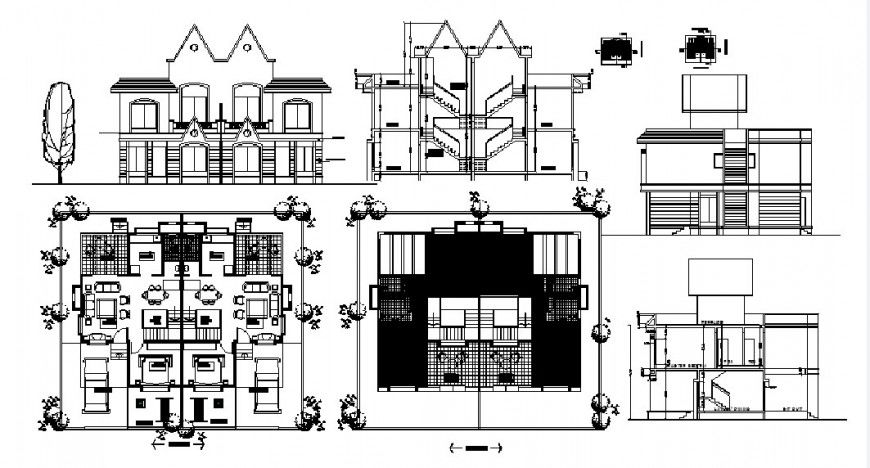 Beautiful twin house elevation, section and floor plan cad drawing details dwg file