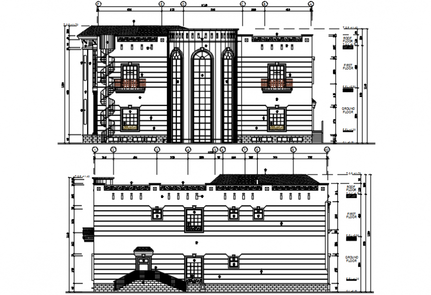 Beautiful villa front elevation and section drawing details dwg file