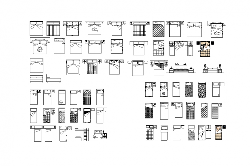 Bed design with different types of view with furniture view dwg file