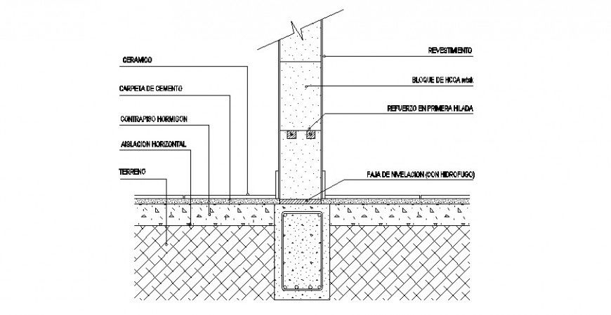 Bed of wall in concrete blocks at beam of in reinforcement cad drawing details dwg file
