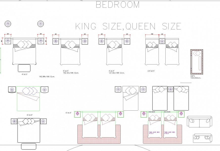 King and Queen Bedroom Plan DWG with Dimension and Hatching