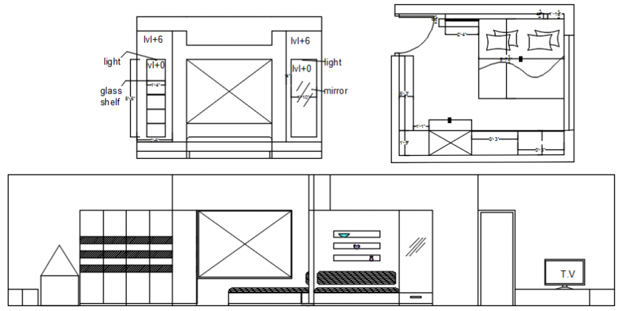 Bed room plan and section view in AutoCAD file