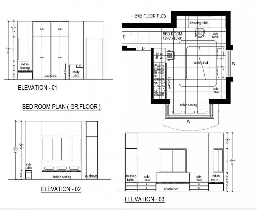 Bed room plan ground floor of a house interior furniture detail Dwg