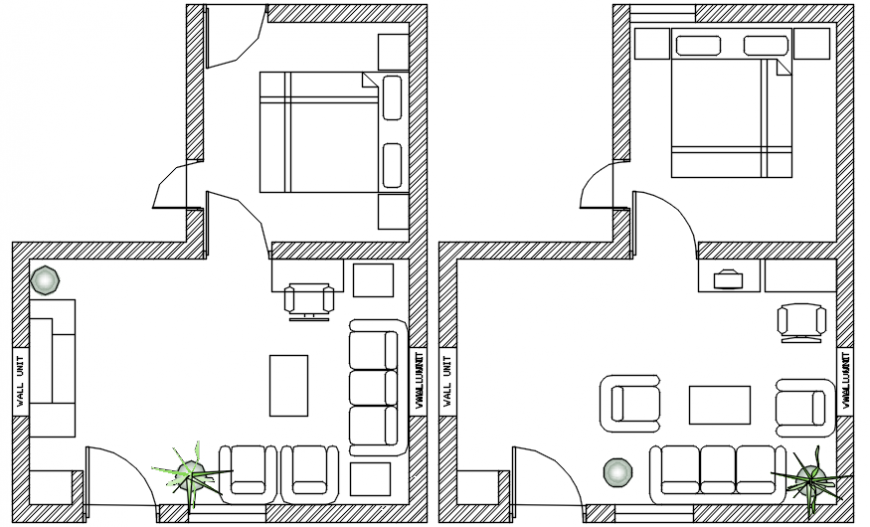 Bedroom and drawing room layout plan with furniture for house cad drawing details dwg file