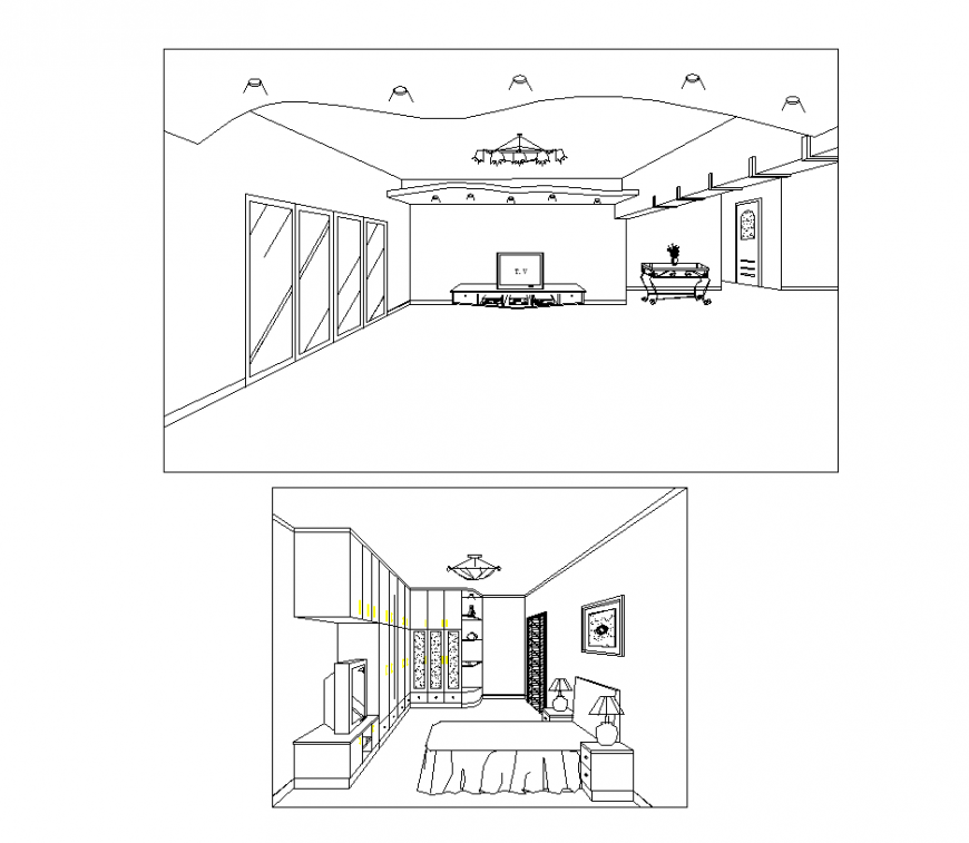 Bedroom and drawing room perspective interior detail dwg file