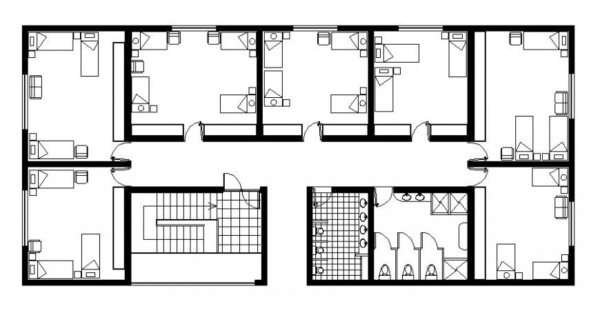 Bedroom area of hostel building 2d view autocad file