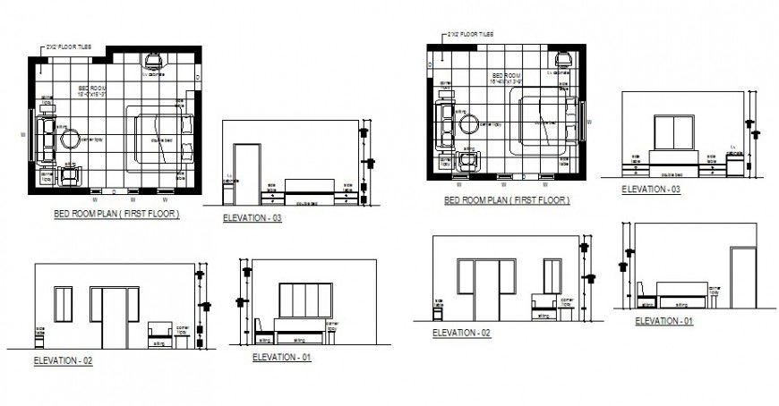 Bedroom elevation and plan cad drawing details dwg file