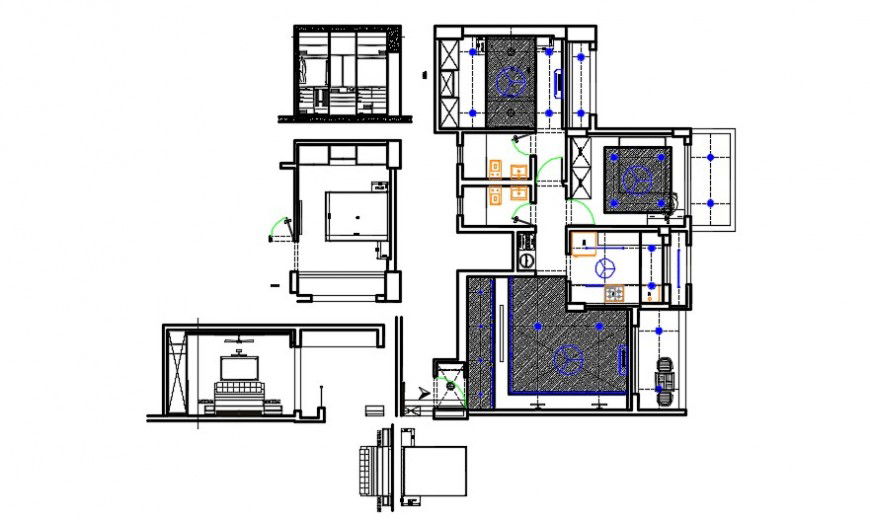 Bedroom interiors furniture detail with ceiling top view plan dwg file