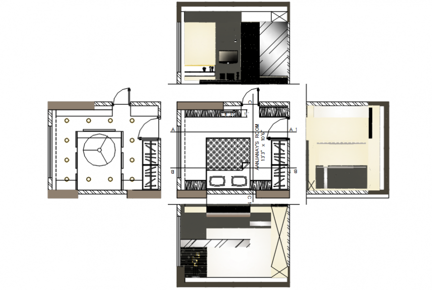 Bedroom layout plan, ceiling plan, interior and furniture details dwg file