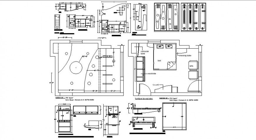 Bedroom layout plan, ceiling plan and furniture cad drawing details dwg file