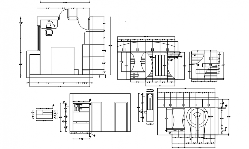 Bedroom layout plan, wardrobe elevation, furniture and interior details dwg file