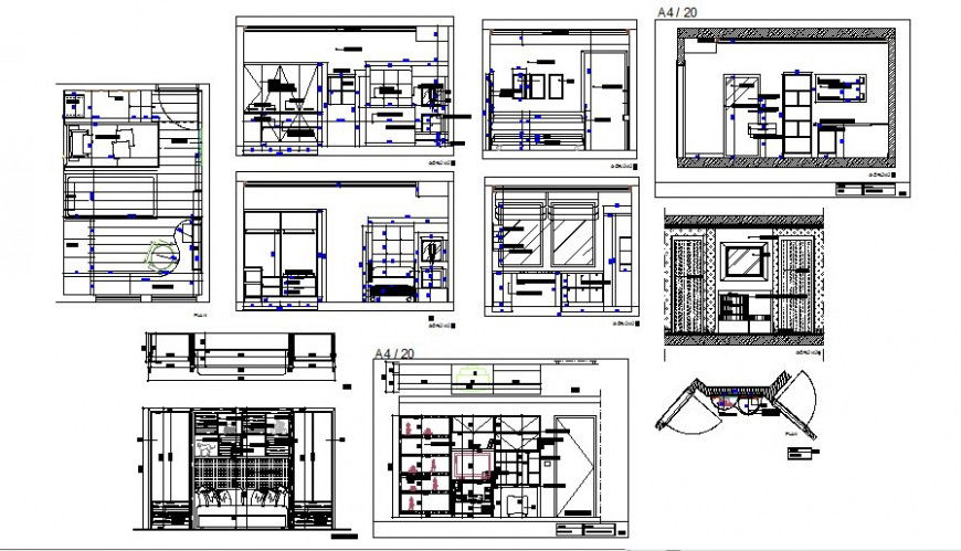Bedroom of house section, interior and furniture layout cad drawing details dwg file