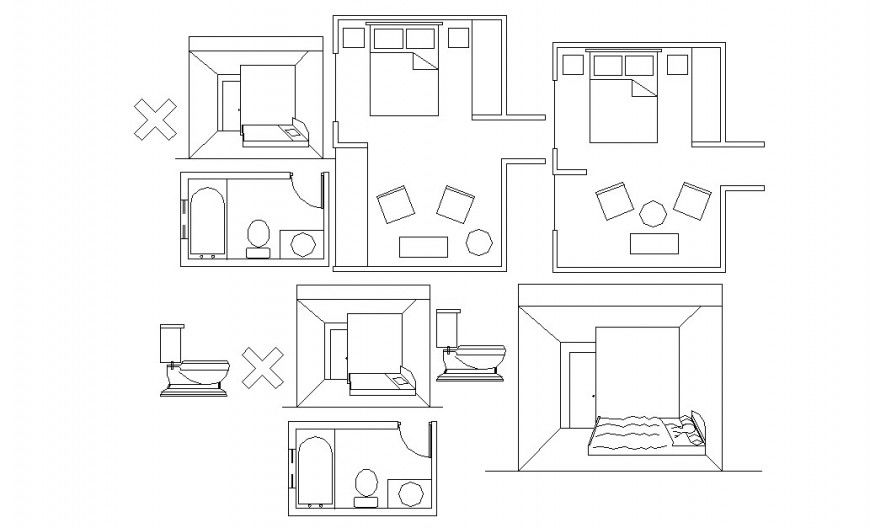 Bedroom of house section, plan and interior details with toilet dwg file
