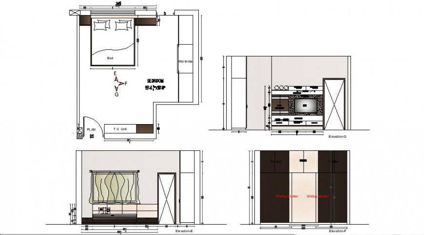 Bedroom plan, tv unit, and wardrobe furniture and interior details dwg file