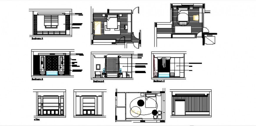 Bedroom plan and elevation 2d view CAD drawings details in autocad