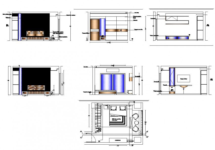 Bedroom plan and sectional detail layout CAD structure autocad file