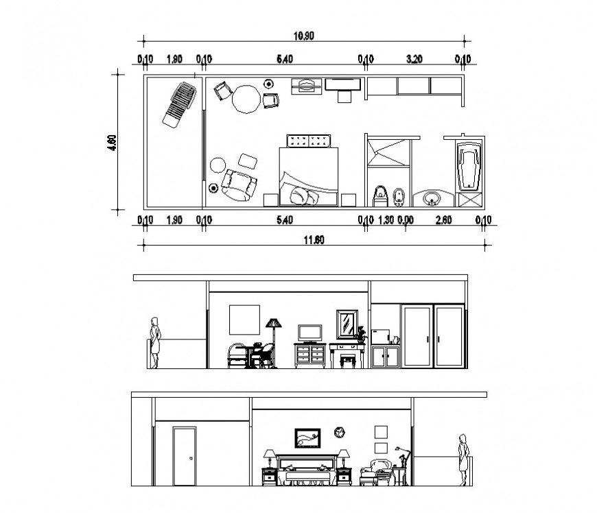 Bedroom section and plan 2d view layout file in autocad format