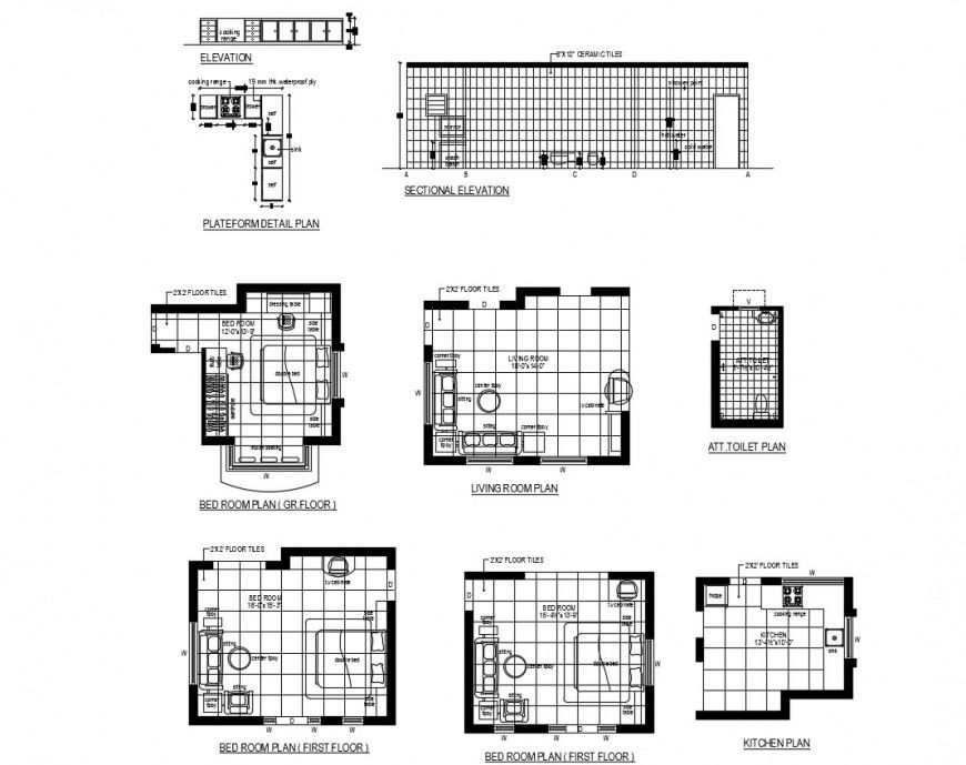 Bedroom sectional elevation, plan, kitchen and auto-cad drawing details dwg file