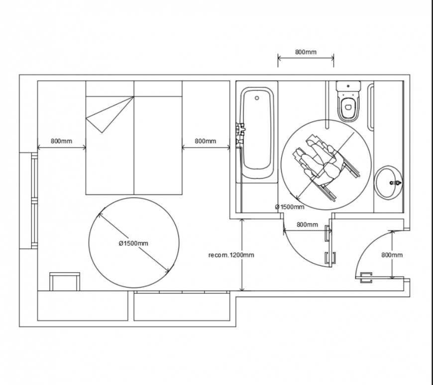 Bedroom with bathroom top view plan details with interior dwg file