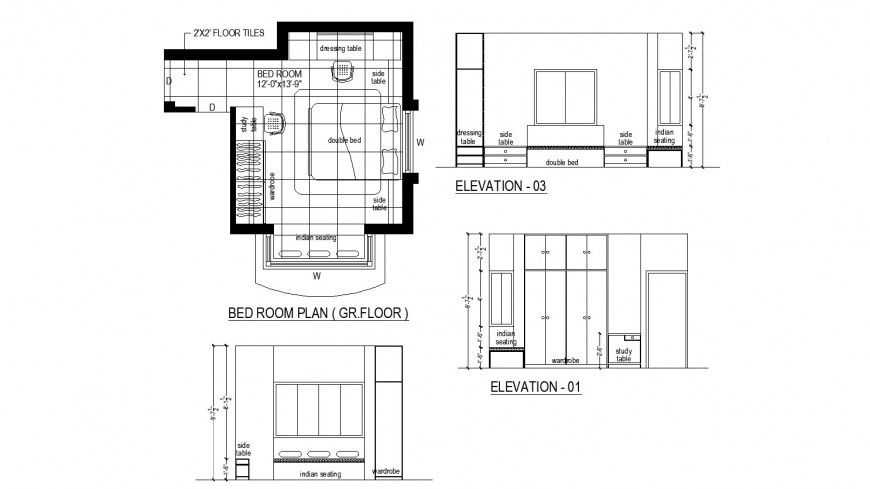 Bedroom working drawing in dwg AutoCAD file.