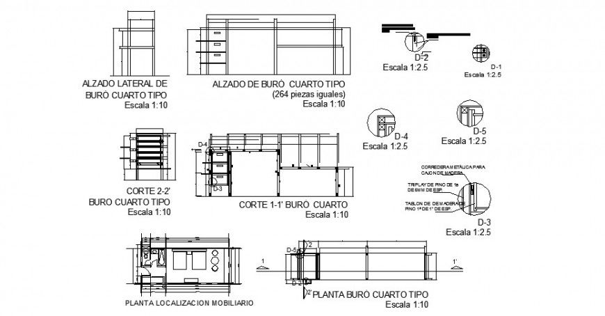 Bedroom working plan with sectional details in autocad