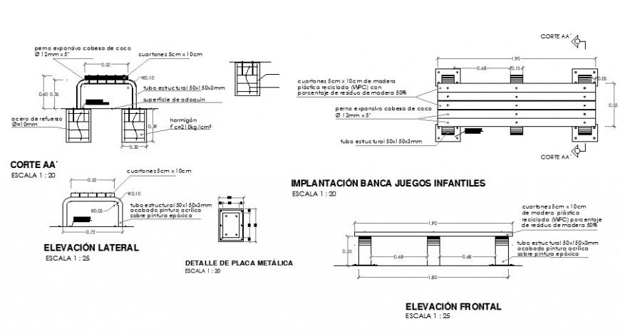 Bench of wood and plastic elevation, section and plan details dwg file
