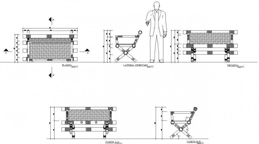 Bench wooden plan, elevation and section autocad file