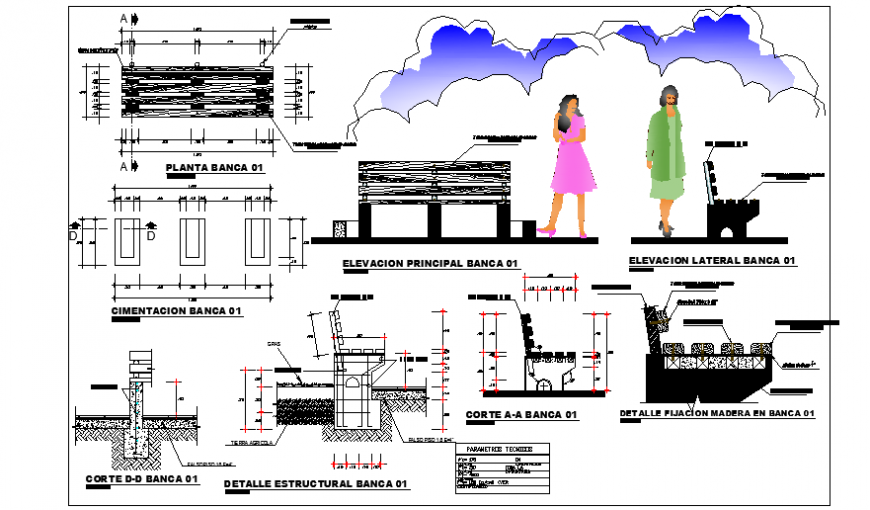 Benches detail design drawing for bank users