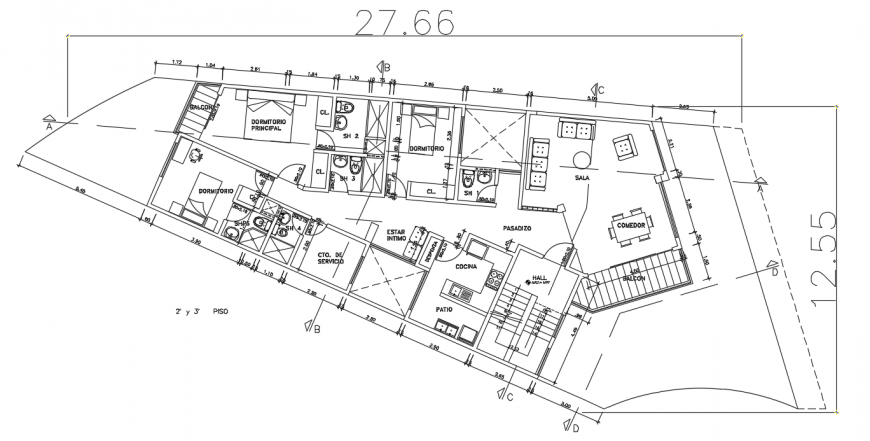 Bi-familiar house distribution plan with furniture cad drawing details dwg file