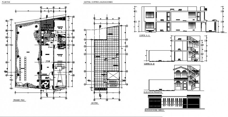 Bi-familiar house elevation, section, distribution plan, framing plan and auto-cad details dwg file