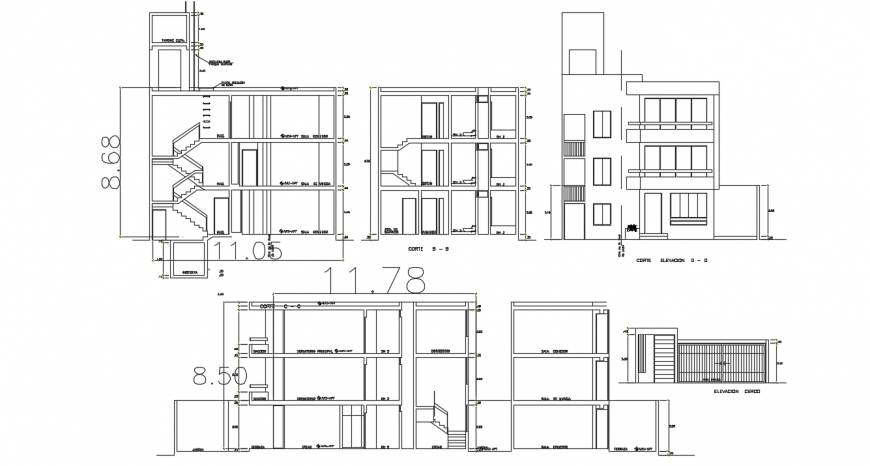 Bi-familiar residential building elevation and section cad drawing details dwg file