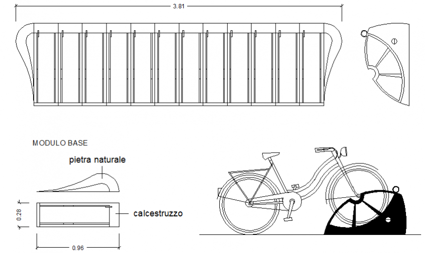 Bicycle parking area with bicycle elevation and plan details dwg file