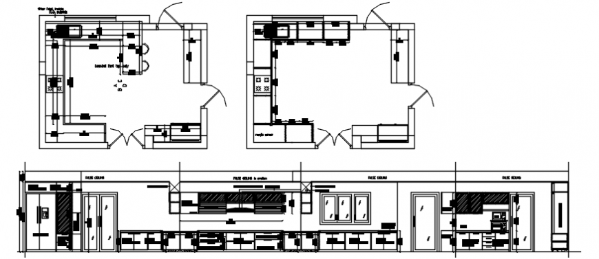 Big kitchen main frontal section, plan and furniture drawing details dwg file