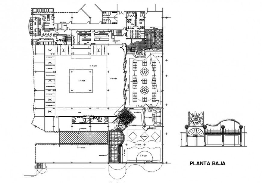 Bingo Flamingo restaurant with bar main elevation and plan details dwg file