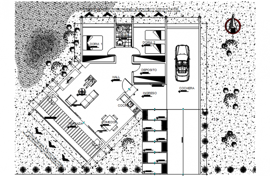 Biomatic bungalow model layout plan with furniture drawing details dwg file