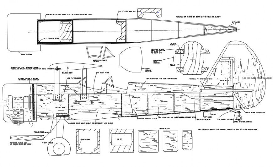 Biplan aircraft section, plan and structure details dwg file