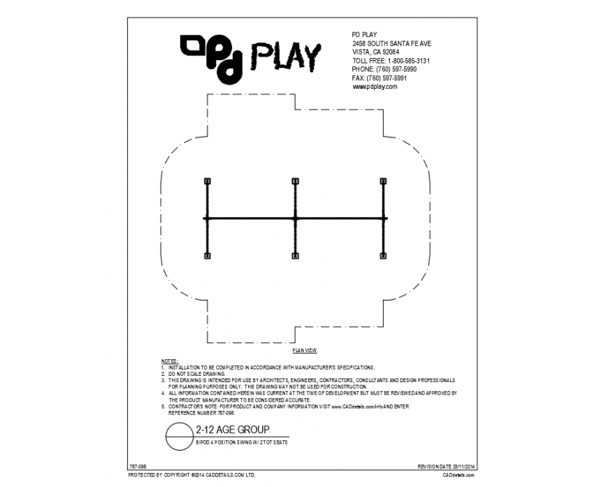 Bipod four position kids swings equipment details of garden dwg file