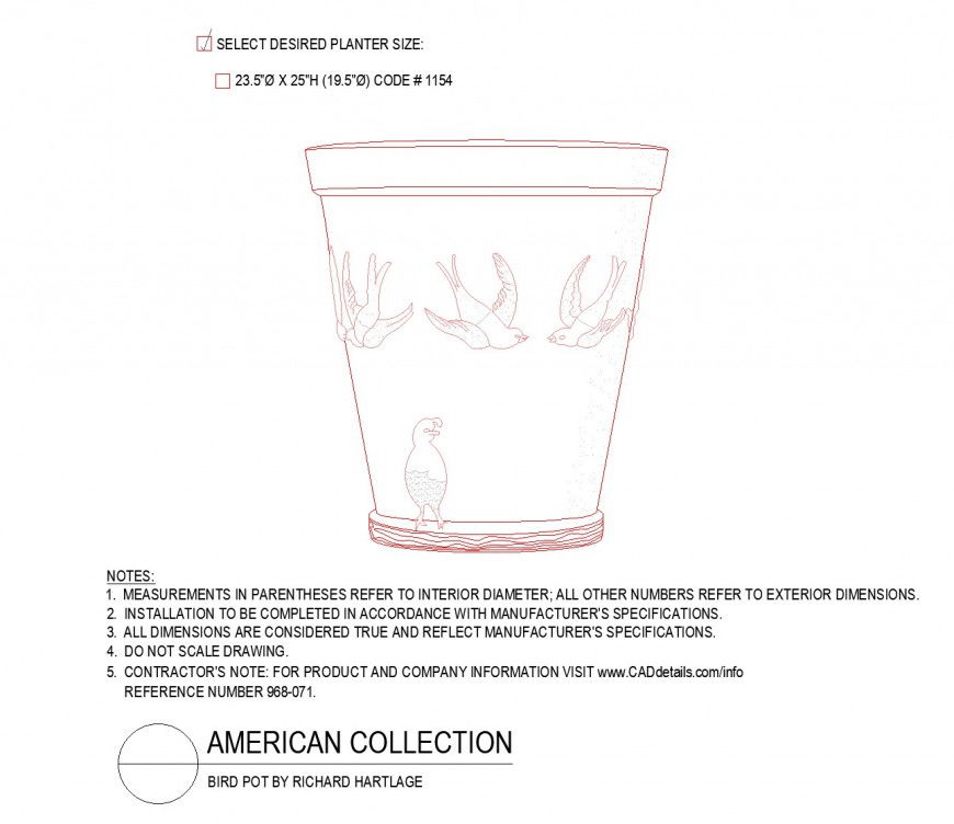 Bird pot Richard harlage American collection plan autocad file