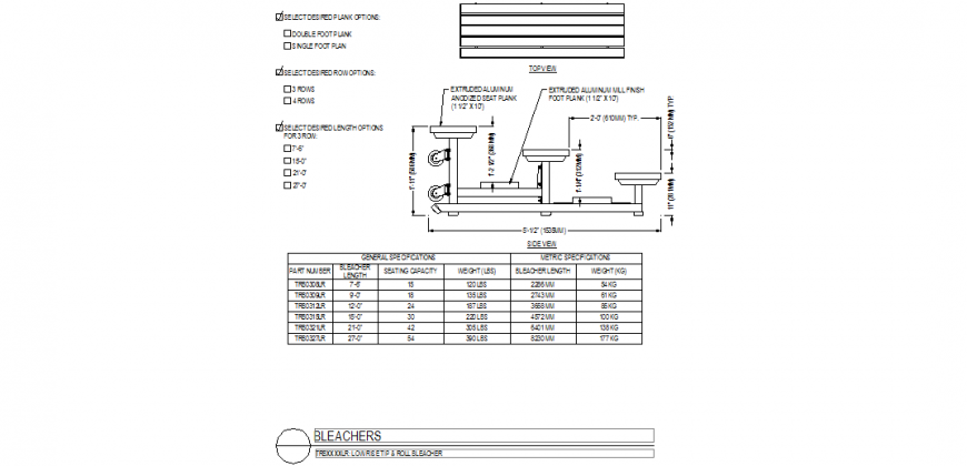 Bleachers area with view of steel structure design with top view and side view dwg file