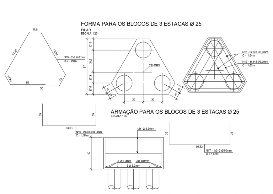 Block 3 stakes 25 cm pillar view with plan and elevation in construction design dwg file