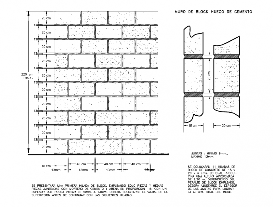 Block hollow cement brick wall construction cad structure details dwg file