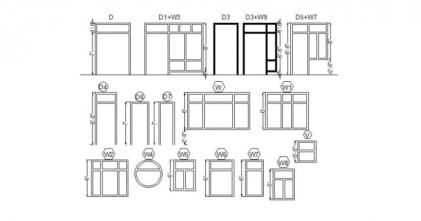 Block of different door and window with its positional number in AutoCAD