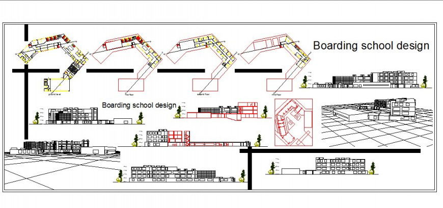 Boarding school with hostel elevation, section, floor plan and auto-cad details dwg file