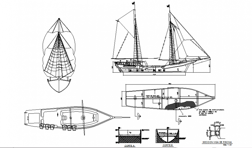 Boat general plan elevation and section view in auto cad file