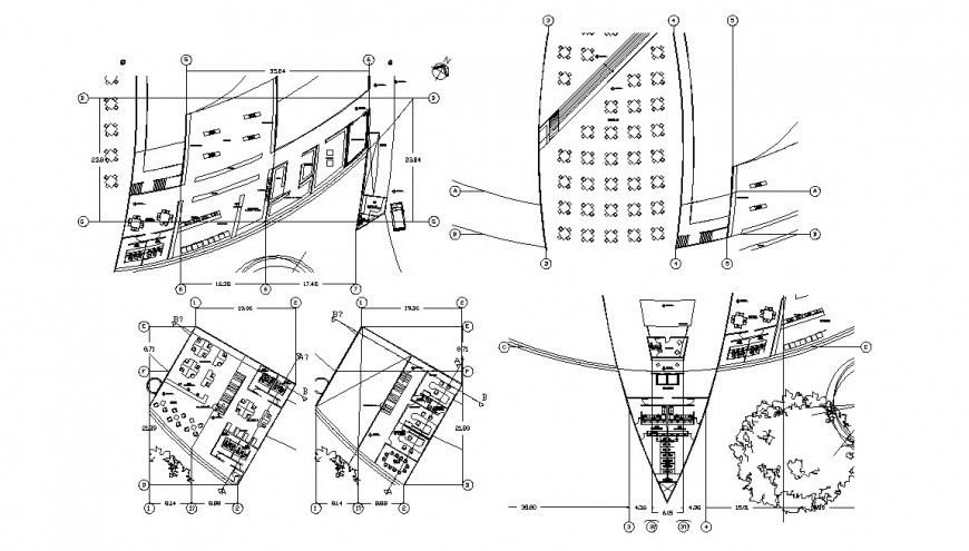 Boat restaurant distribution plan and landscaping structure details dwg file