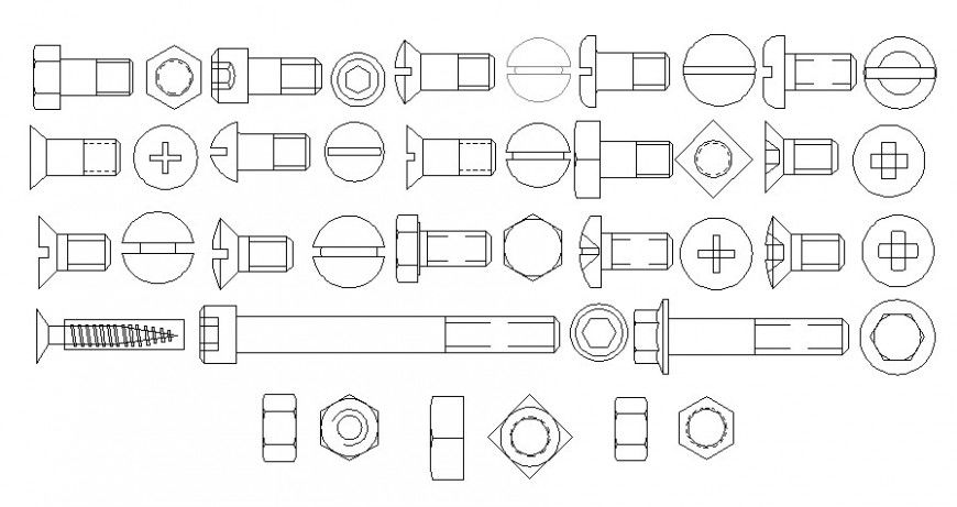 Bolt nut details drawings 2d view autocad file