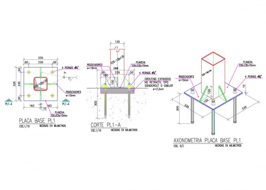Bolt nut to column plan and section dwg file